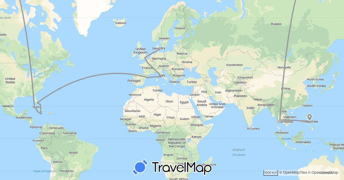 TravelMap itinerary: plane in Bahamas, Cuba, Denmark, Spain, France, United Kingdom, Italy, Jamaica, Cayman Islands, Philippines, Thailand, United States (Asia, Europe, North America)